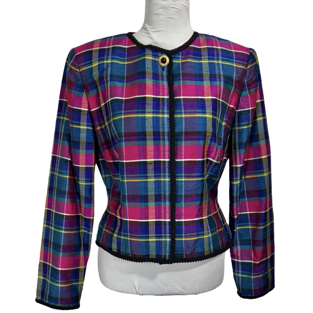 Vintage Maggie London Silk Cropped‎ Blouse Jacket Size 6 Plaid Boxy Colorful 90s